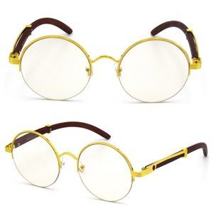 Round CLASSY MODERN Gold Clear Lens Wood GLASSES